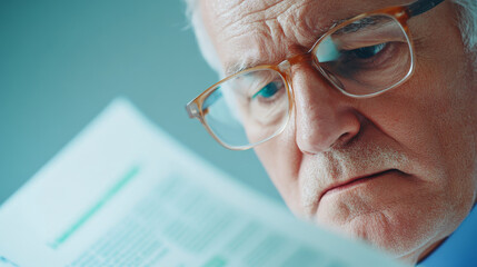Elderly man reading brochure on health awareness with focused expression.