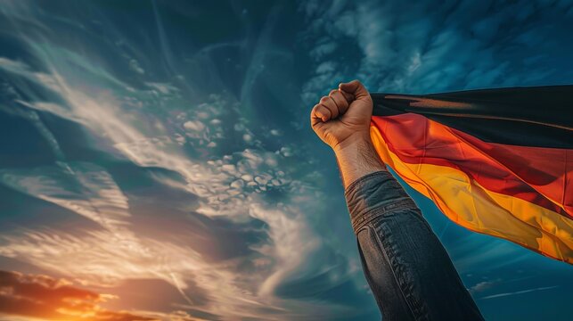 Raised Fist Holding the German Flag - Symbolizing Strength and Patriotism. Copy Space