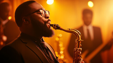 A saxophonist delivers soulful solo, immersed in music, surrounded by fellow musicians in warm, golden atmosphere.