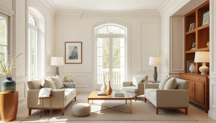 Fototapeta premium a chic, sunlit room with off-white walls and tasteful furniture arrangement