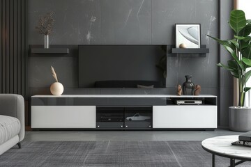 Modern black, white, and grey high gloss TV stand with open storage and display cabinet, in contemporary home decor living room.