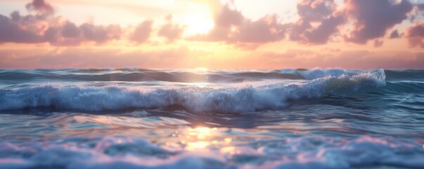 Fototapeta premium Sunset over a calm sea with gentle waves, 4K hyperrealistic photo,
