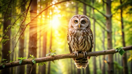 Obraz premium Happy owl sitting on a tree branch in a sunny forest, happy, owl, tree, branch, sunny, forest, wildlife, cute