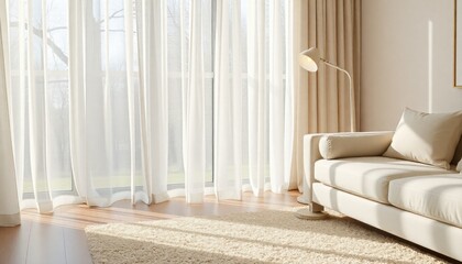a cozy modern interior design scene with natural light filtering through sheer curtains, highlighting the textures of a beige rug and a sleek floor lamp beside an off-white couch.