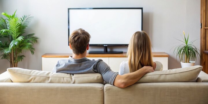 Couple sitting on the couch watching TV together, television, entertainment, indoor, living room, relationship