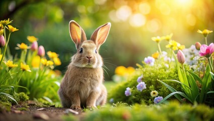 Cute rabbit sitting in a lush garden on Easter day, Easter, rabbit, animal, cute, nature, spring, flower, festive