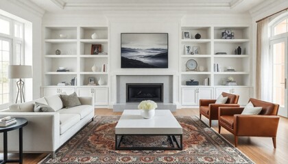 a minimalist living room with a neutral color palette, featuring a white sofa, leather armchairs, and a central coffee table over an ornate rug