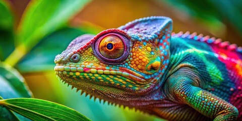 Close up image of a vibrant chameleon blending into its tropical surroundings, chameleon, colorful, tropical, wildlife