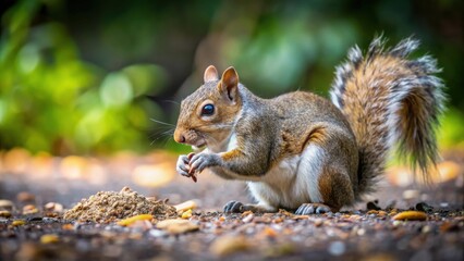 Obraz premium Squirrel foraging on the ground for seeds, squirrel, foraging, ground, nature, wildlife, animal, rodent, eating, nuts, forest