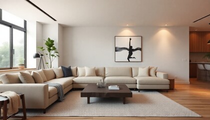 Fototapeta premium a modern living room with a neutral color palette, featuring a large beige sectional sofa, a wooden coffee table, and an abstract monochrome artwork on the wall