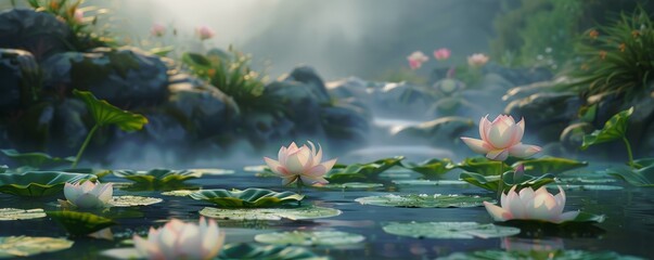 Tranquil lotus flowers in a Zen garden pond, 4K hyperrealistic photo