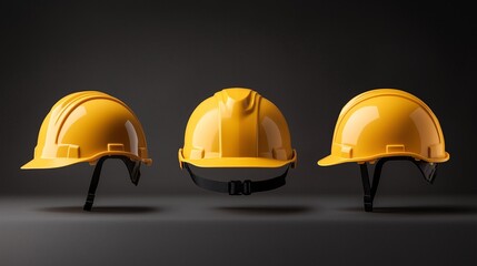 Safety First: A Trio of Yellow Hard Hats on Guard: Three vibrant yellow hard hats stand vigilant against a stark dark background, emphasizing the importance of workplace safety and protection. 
