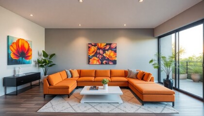 a modern living room with large windows, an orange sofa, a white coffee table, and vibrant wall art