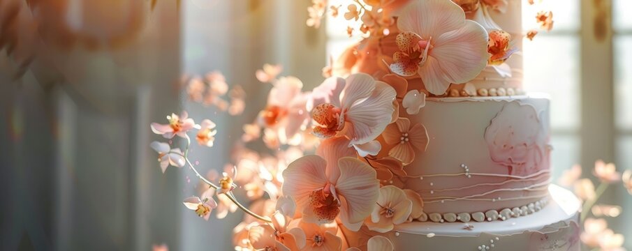 Elegant wedding cake with floral decorations, 4K hyperrealistic photo