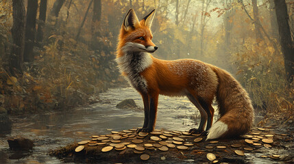 Fototapeta premium A curious fox standing on a few scattered coins, its tail curled around its body, with a rustic woodland setting and a gentle stream running through the background