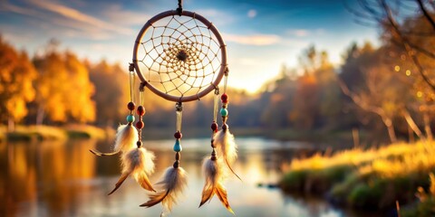 Obraz premium of a hanging Native American dream catcher , Dream catcher, native, American, traditional,hanging, feathers, beads