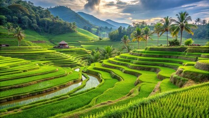 Fototapeta premium Scenic view of lush rice fields in the background, agriculture, rural, landscape, green, scenery, beauty, nature