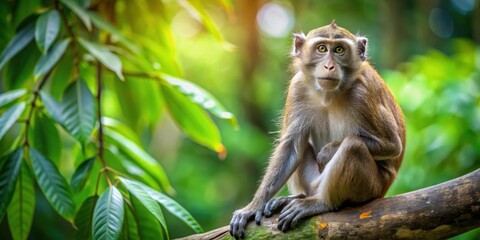 Fototapeta premium Macaque fascicularis sitting on a tree in the jungle , monkey, long-tailed, crab-eating, wildlife, animal, primate, forest