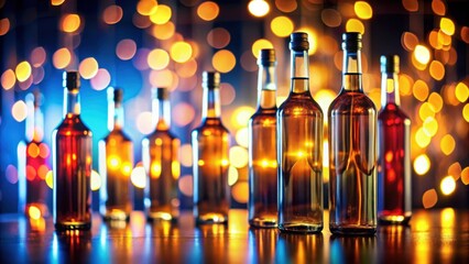 Beautiful bokeh effect of backlit row of alcoholic bottles, bokeh, backlit, bottles, alcohol, row, light, glass
