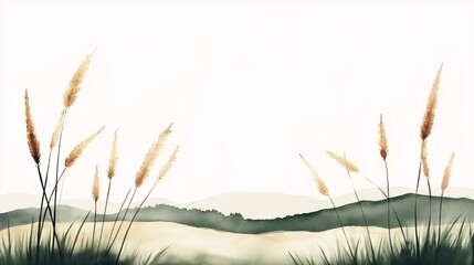 Serene Watercolor Landscape: Soft, delicate strokes of watercolor paint capture the essence of a tranquil countryside, where wispy grass sways gently against a backdrop of rolling hills.