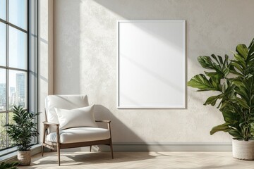Poster Frame in Beige minimalist living room interior created with generative AI