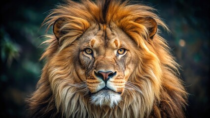 Close up of lion head showing majestic mane and fierce expression, lion, head, mane, close up, fierce, animal