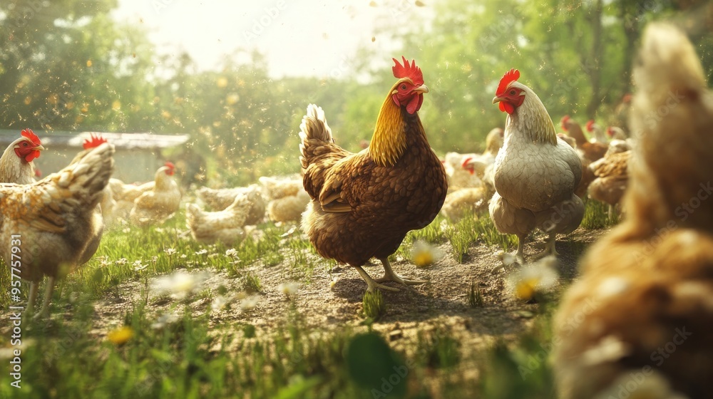 Wall mural a group of chickens in a meadow