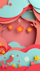 Colorful paper cut-out art with a tree, stars, and animals in a pink and blue landscape.