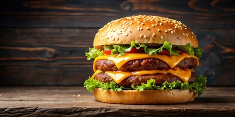 Juicy double cheese burger with melted cheddar and two beef patties on a sesame seed bun, burger, double, cheese, cheddar