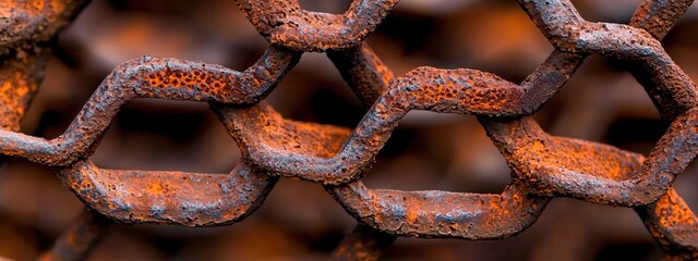 A detailed shot of oxidized metal mesh with intricate rust patterns
