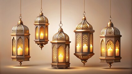 Obraz premium Decorative islamic lanterns for Eid Mubarak and Eid Al Adha celebration on a light background, Islamic