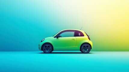 Obraz premium Eco-Friendly Green Car on Vibrant Gradient Background with Abstract Patterns - Modern and Clean Automotive Concept