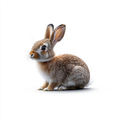Obraz premium An adorable brown rabbit sitting on a white background, showcasing its cute and calm demeanor in a simple setting.