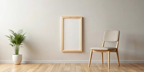Wooden frame mockup with chair, simple minimalist, wooden, frame, mockup, chair, simple, minimalist, mock-up