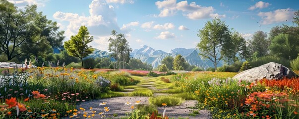 Tranquil park with a scenic overlook and wildflowers, 4K hyperrealistic photo