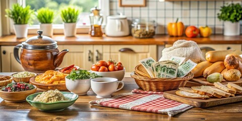 Kitchen table with a variety of Polish currency and food items, Polish zloty, banknotes, coins, groceries