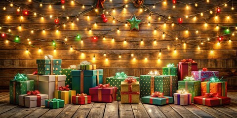 Santa's workshop backdrop with colorful gift boxes and twinkling lights, Santa Claus, holiday, Christmas, presents