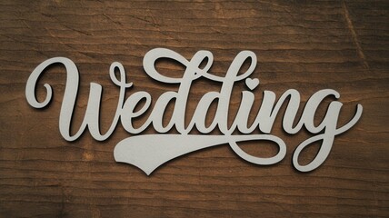 Wedding is written in cursive style on a wooden background