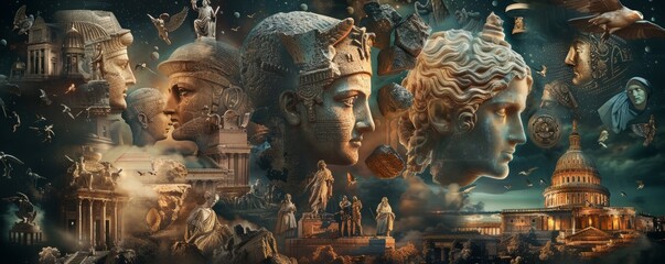 Historical journey collage with ancient artifacts, historical figures, and significant events, 4K hyperrealistic photo