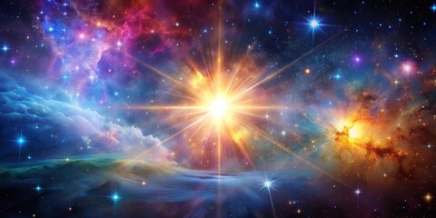 Naklejka premium Galactic light burst in deep space with colorful nebula clouds and shining stars, galaxy, space, burst, light, cosmic, nebula