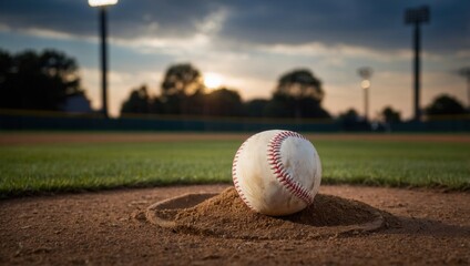 A baseball is in the dirt on a baseball field
