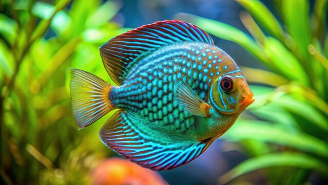 Brilliant turquoise blue Stendker discus fish swimming in tank, discus fish, aquatic, vibrant, colorful, underwater, beautiful