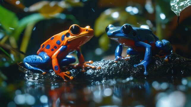 Two Colorful Poison Dart Frogs in a Tropical Rainforest