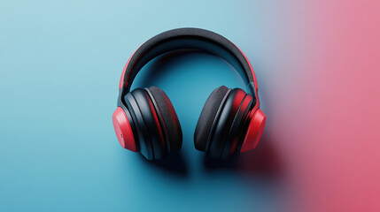 Stylish red and black wireless headphones placed on a gradient blue to pink background, representing modern audio technology.