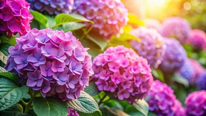 Pink and purple hydrangea flowers in full bloom on a bush under the bright sun , hydrangea, flowers, bush, pink, purple, sunny day