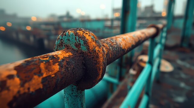 A metal railing corroding in an urban environment showing the effects of pollution and oxidation