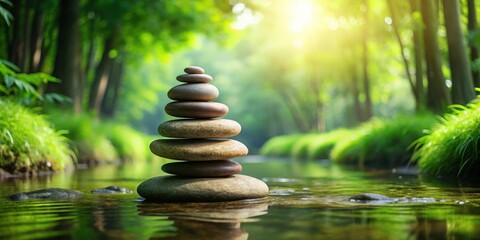 Obraz premium Zen stone pyramid amidst tranquil nature setting , meditation, calm, peaceful, balance, harmony, zen, rocks, stack