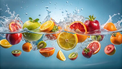 Fresh fruit falling into water, perfect for making nutritious juices for dieting, fresh, fruit,...