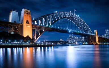Obraz premium Harbour Bridge at Night: Illuminated Sydney Skyline with Reflections Background