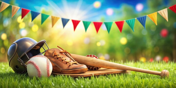 Vibrant summer background featuring baseball equipment and festive bunting , baseball, bunting, summertime, background